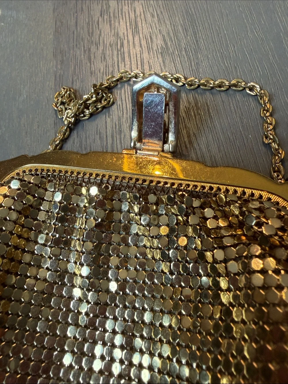 Whiting & Davis Vintage Gold Mesh Evening Clutch with Rhinestone Clasp
